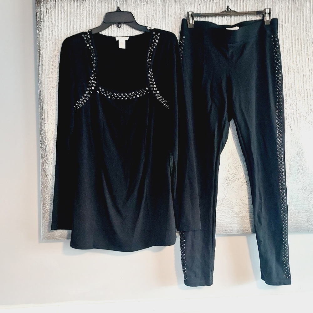 CACHE Vintage Black Stretch Studded Women's Pants & Longline Top Set Sz-M